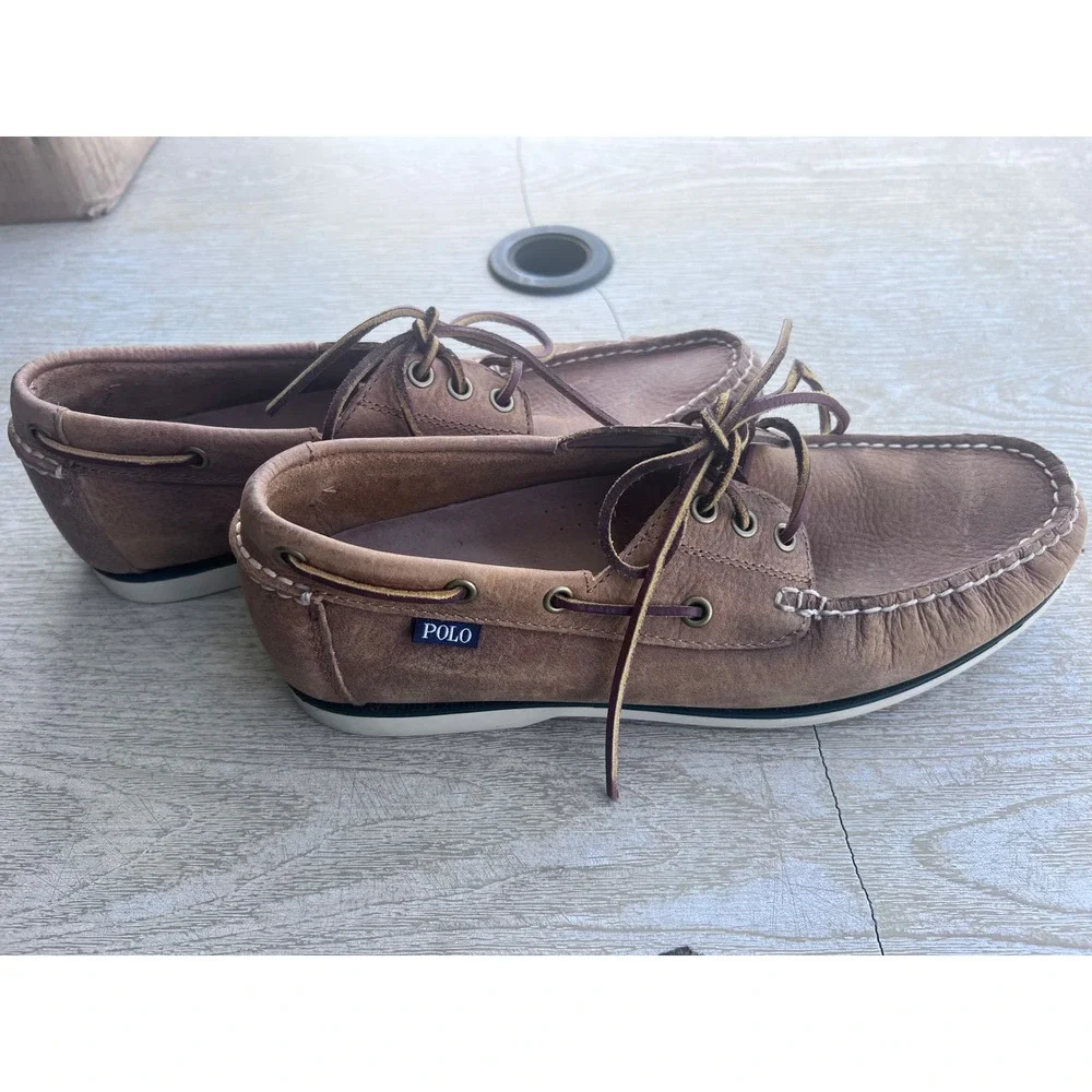 Polo Ralph Lauren Bienne‎ Mens Brown Leather Boat Shoes Loafers 9.5D 14357